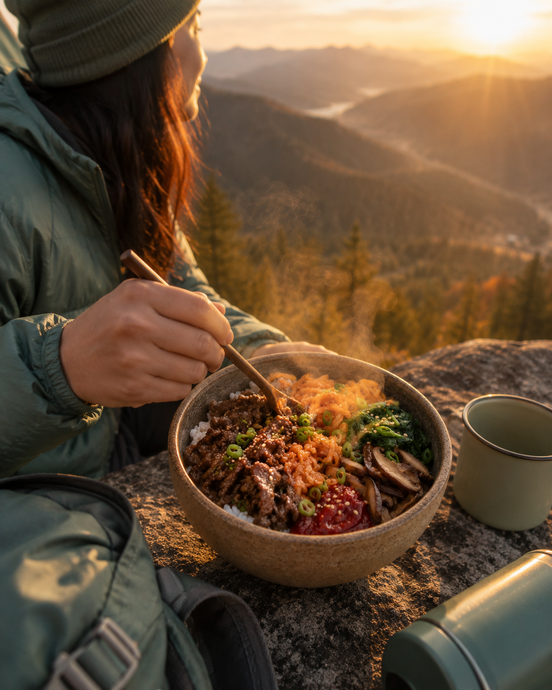 bulgogi bibimbap eaten on a rock with a sunset valley view