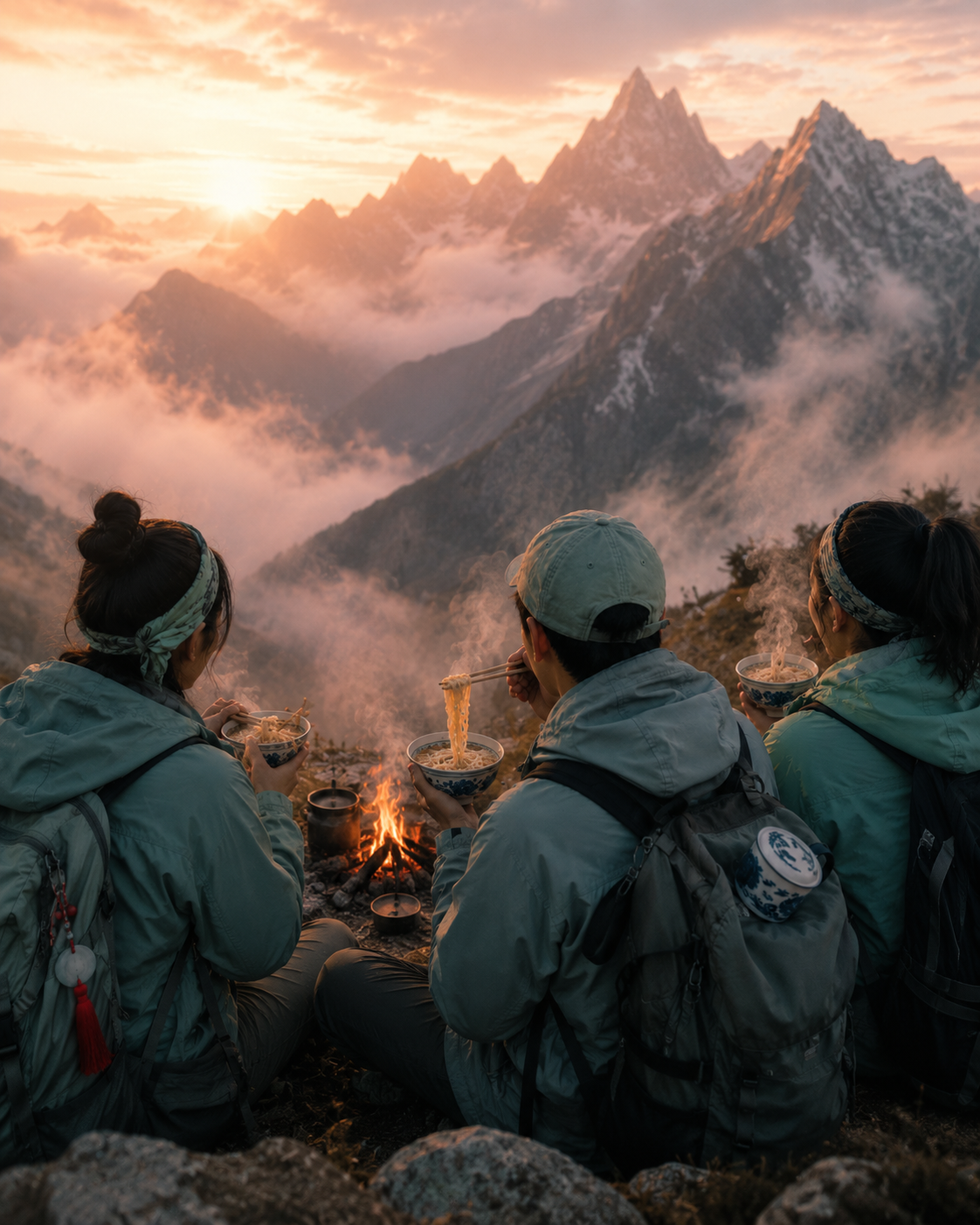 three backpackers eating hot bowls of noodles around a fire at a misty mountain sunrise