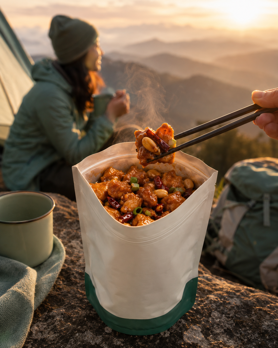 kung pao chicken eaten from the pouch at a mountain camp at sunset
