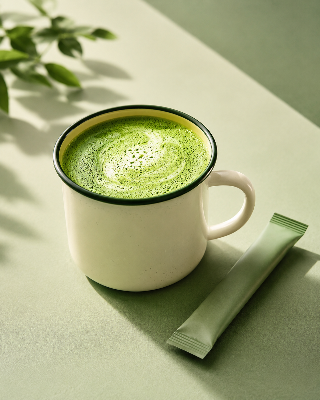 mountain matcha latte in an enamel mug with a single-serve stick