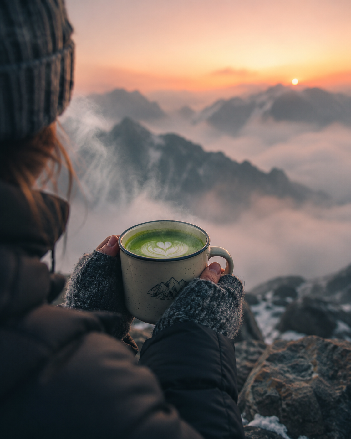 mountain matcha latte held in both hands at a misty summit at sunrise