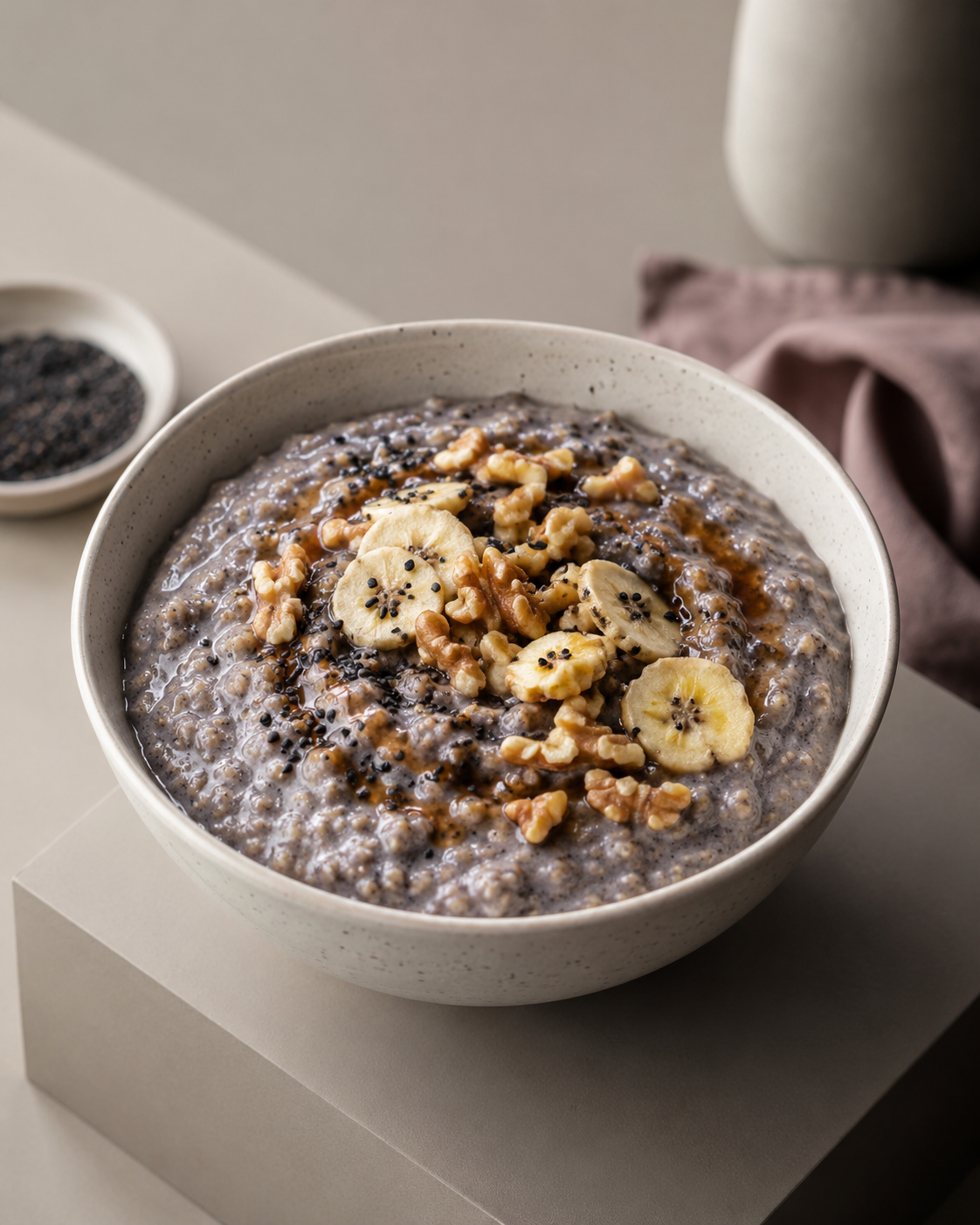 black sesame porridge with banana and walnuts in a bowl