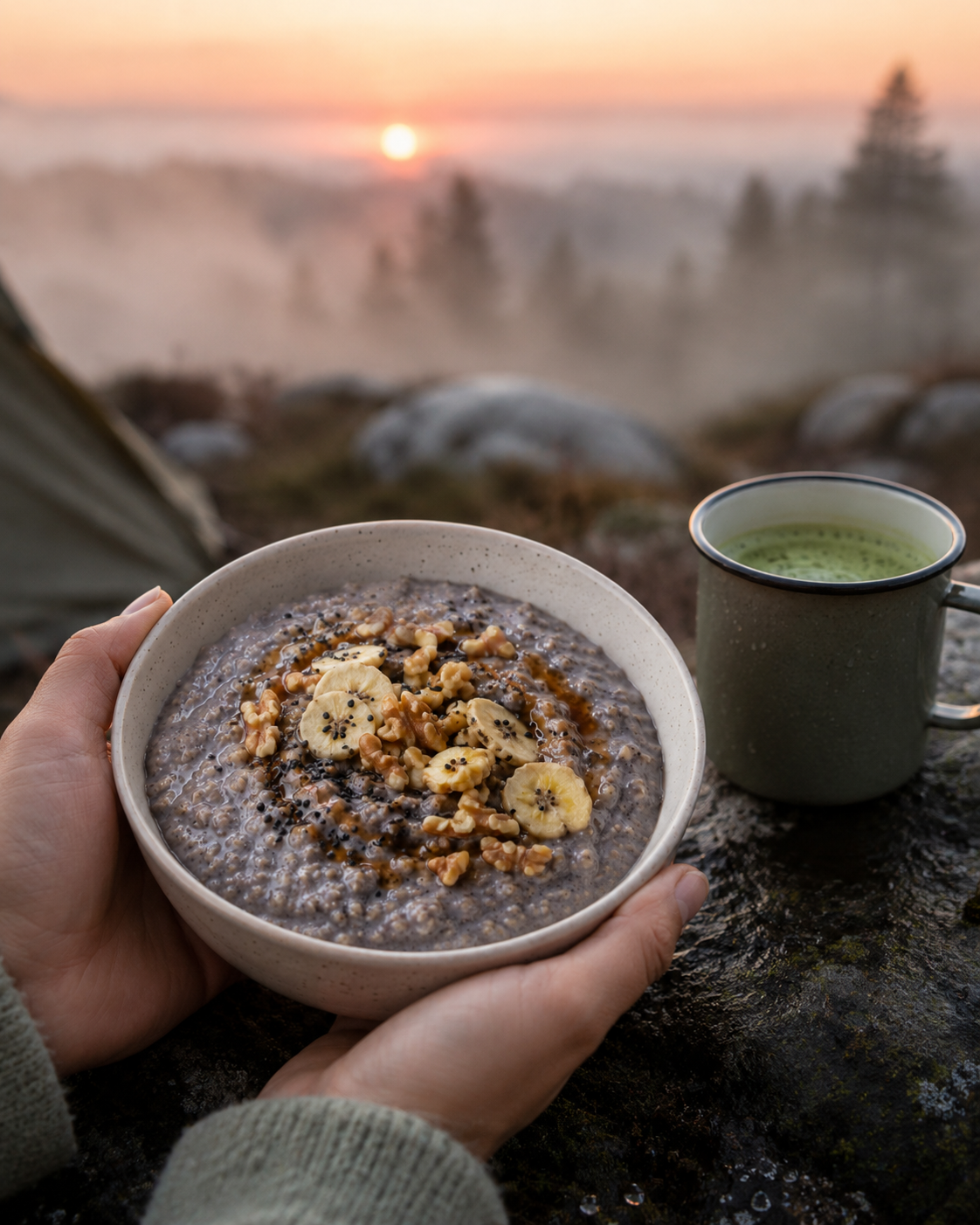 black sesame porridge held at a misty sunrise camp with a matcha mug